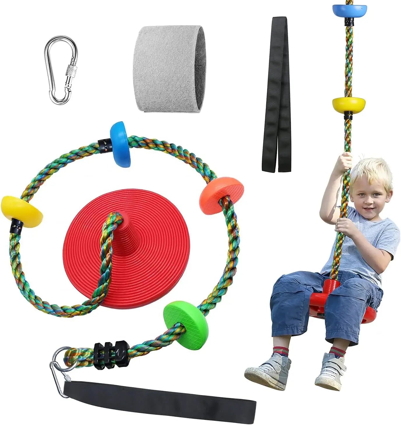 【Summervibes】Tree Swing for Kids Backyard Single Disc Rope Climbing Seat for Tree Indoor Outdoor Playground Swing Set Accessories with Thickening 4 Ft Strap-Red#Summervibes