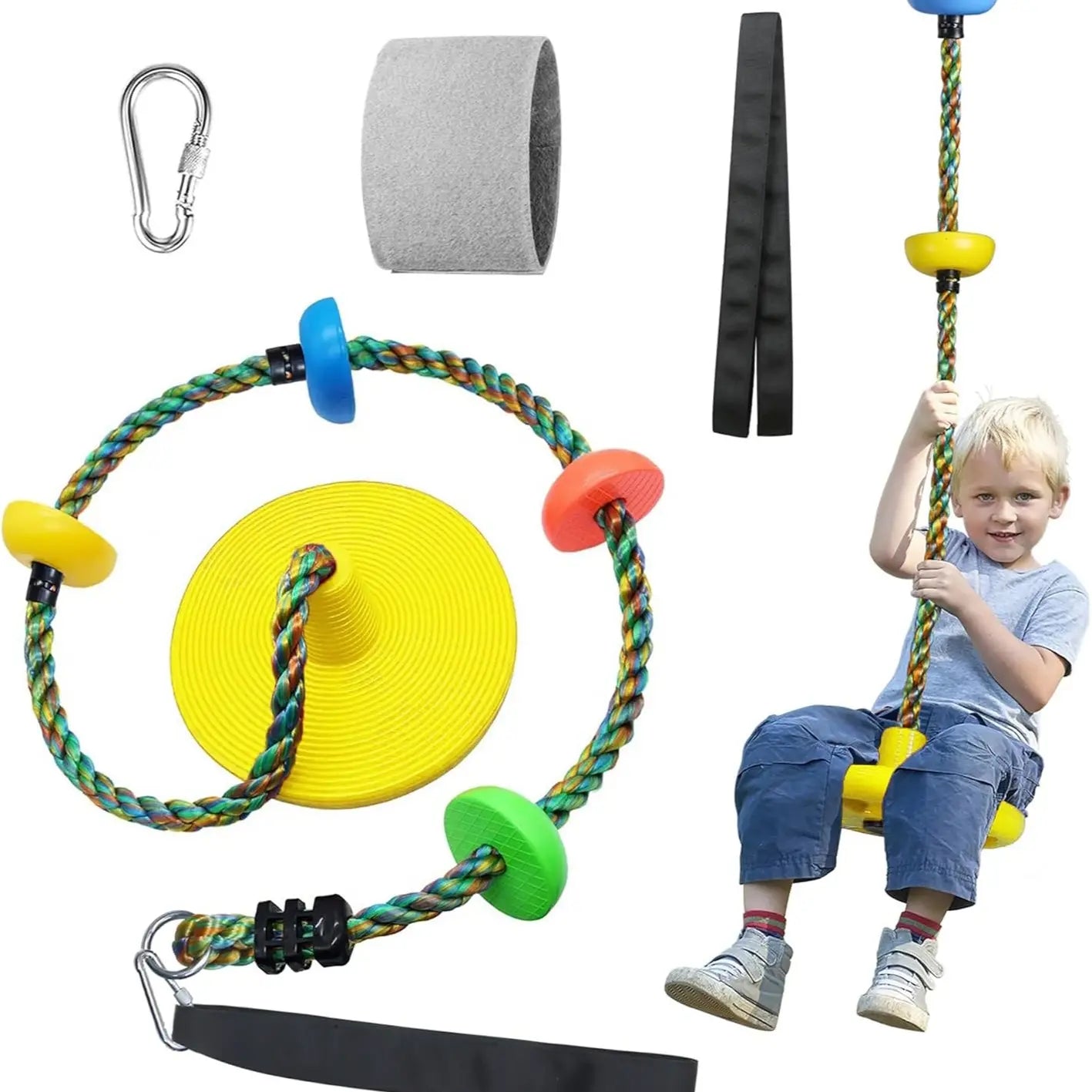 【Summervibes】Tree Swing for Kids Backyard Single Disc Rope Climbing Seat for Tree Indoor Outdoor Playground Swing Set Accessories with Thickening 4 Ft Strap-Red#Summervibes