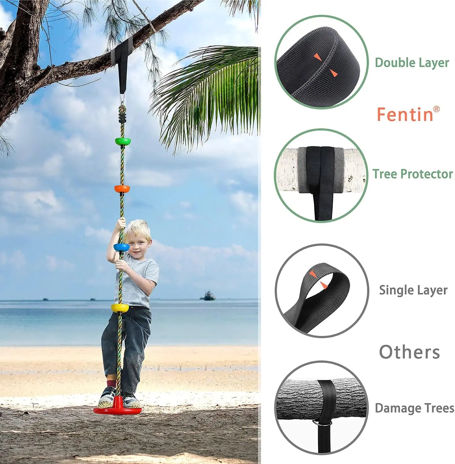 【Summervibes】Tree Swing for Kids Backyard Single Disc Rope Climbing Seat for Tree Indoor Outdoor Playground Swing Set Accessories with Thickening 4 Ft Strap-Red#Summervibes