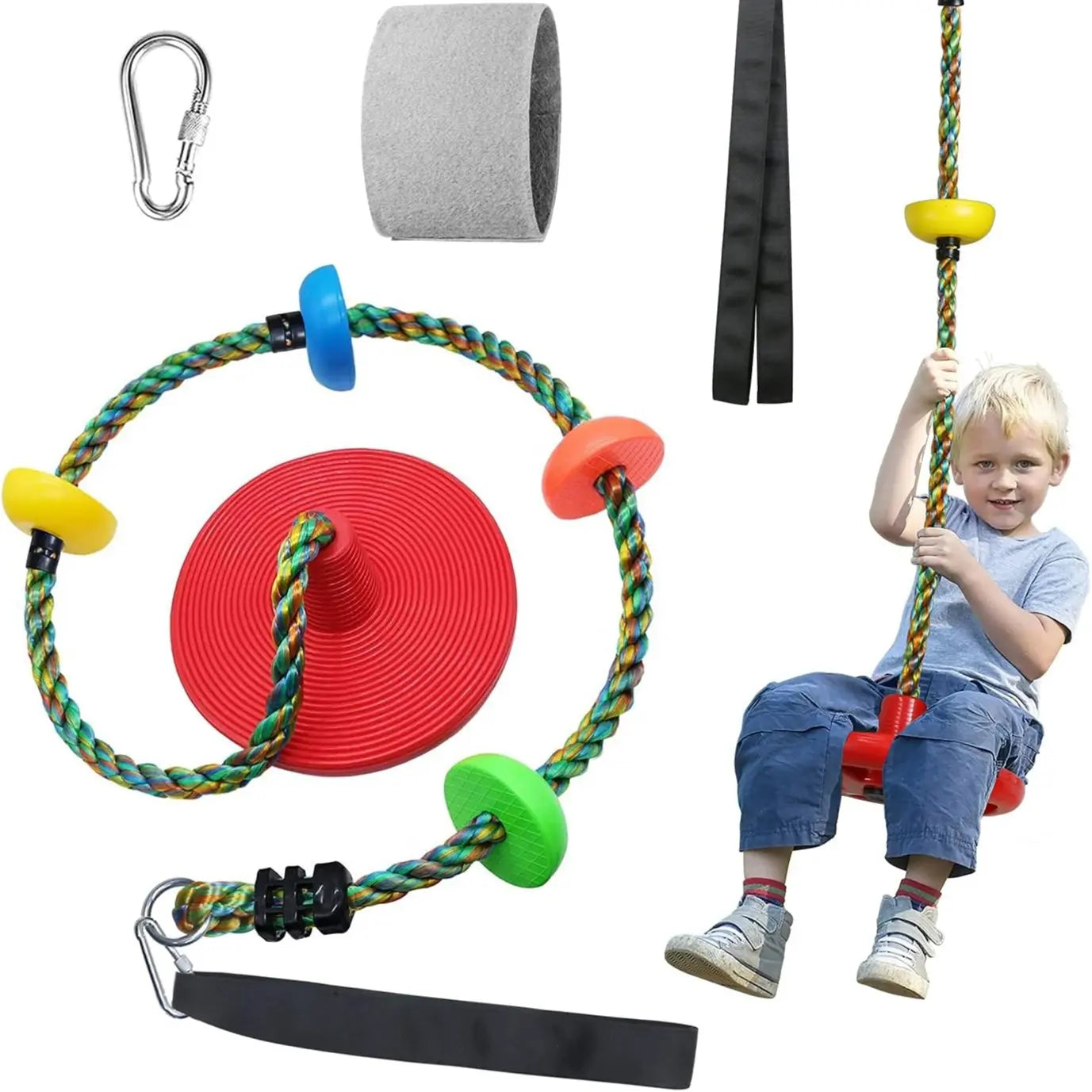 【Summervibes】Tree Swing for Kids Backyard Single Disc Rope Climbing Seat for Tree Indoor Outdoor Playground Swing Set Accessories with Thickening 4 Ft Strap-Red#Summervibes